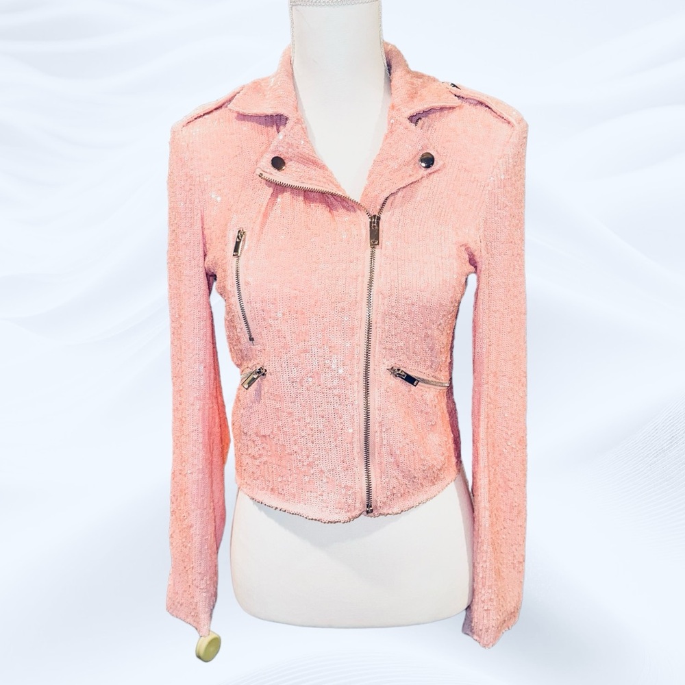 Generation Love Robin Sequin Moto Jacket in Light‎ Pink Size Small